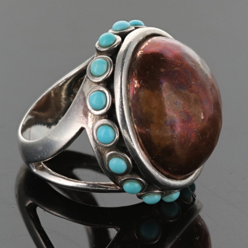 STERLING SILVER BARSE COPPER HAMMERED DOME TURQUOISE COCKTAIL RING BAND Size 6